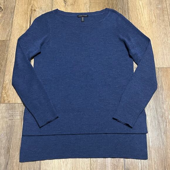 Eileen Fisher 100% Merino Wool Crew Neck High Low Hem Sweater Blue XXS Italian - Picture 3 of 8